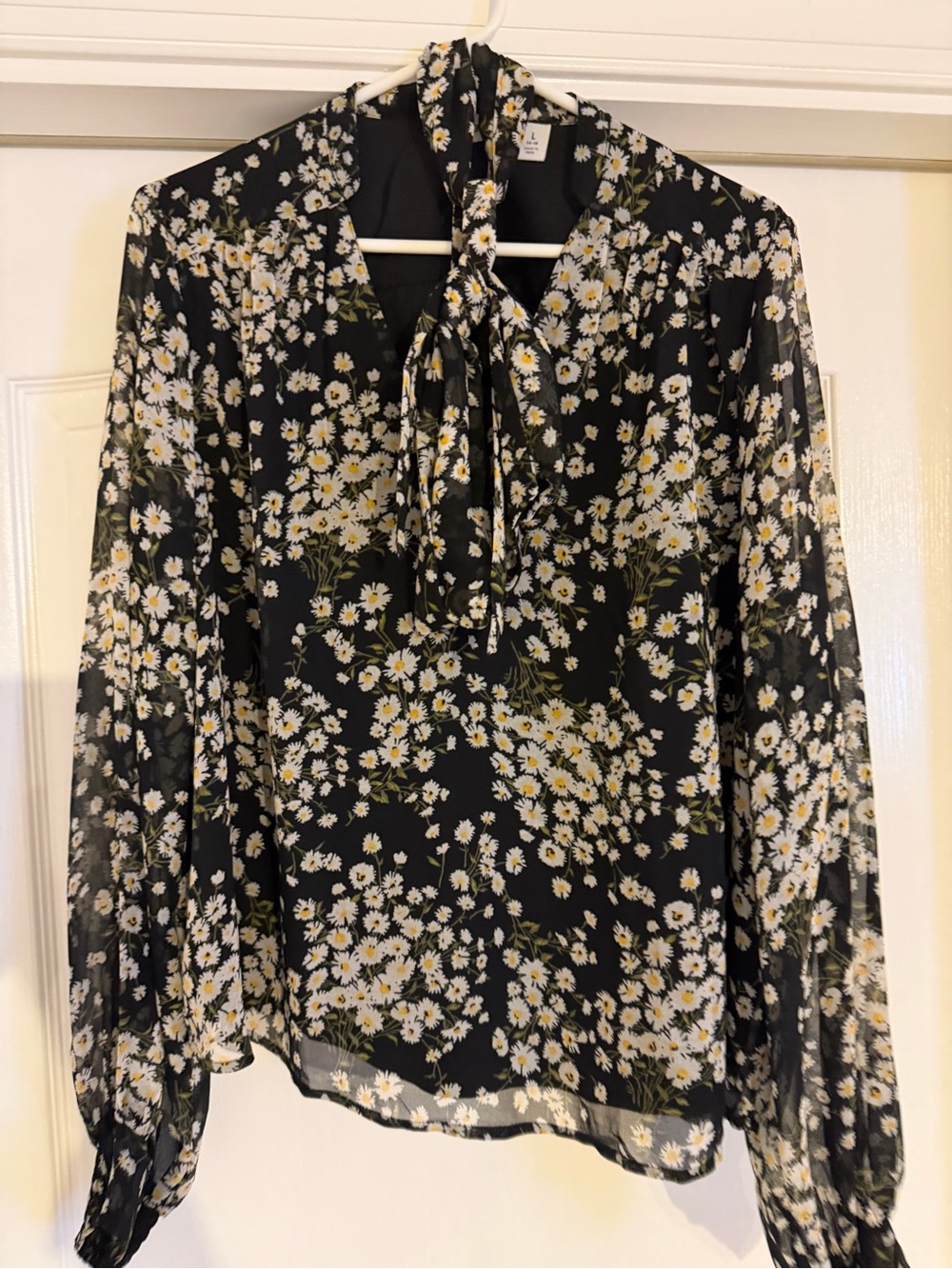 Lands' End Black Daisy Tie-Neck Blouse